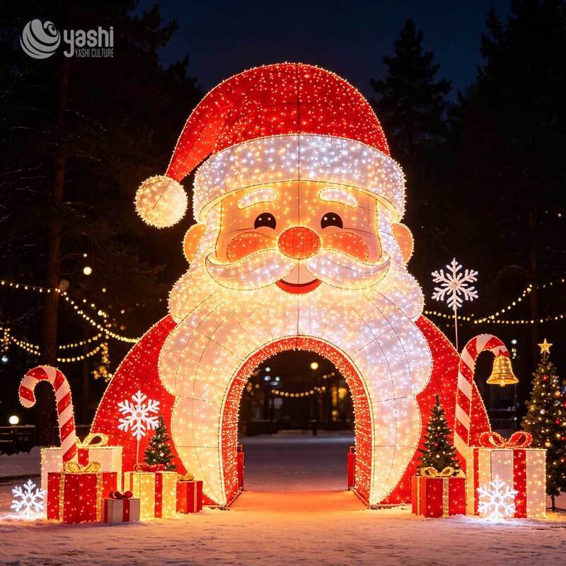 Custom LED Wireframe Santa Arch Light Sculpture, Giant Santa Claus Entrance Light Arch with Gift Boxes for Outdoor Christmas Light Festival, Support Customization