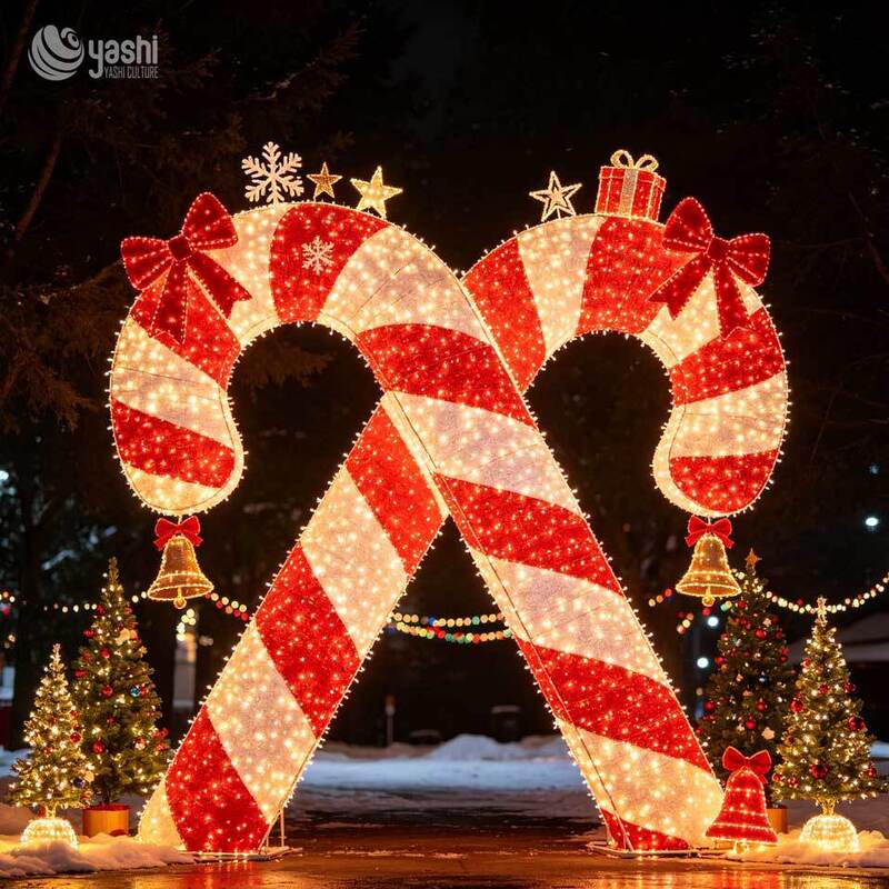 Custom LED Wireframe Candy Cane Arch Light Sculpture, Giant Crossed Candy Cane Light Arch for Outdoor Christmas Light Festival Decor, Support Customization