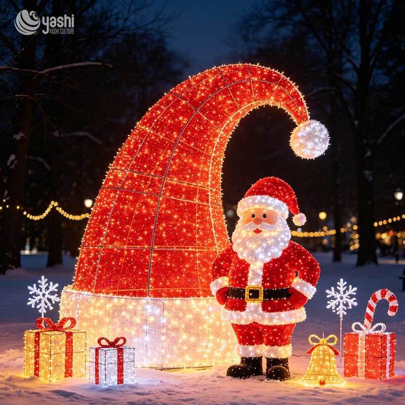 Custom LED Wireframe Santa Hat & Santa Claus Light Sculpture, Outdoor Giant Christmas Light Display with Gift Boxes for Plaza Light Festival, Support Customization