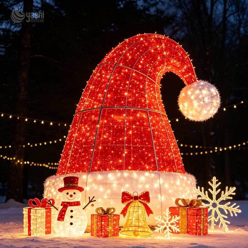 Custom LED Wireframe Santa Hat & Santa Claus Light Sculpture Set, Outdoor Giant Christmas Scene Light Display with Gift Boxes for Plaza Light Festival, Support Customization