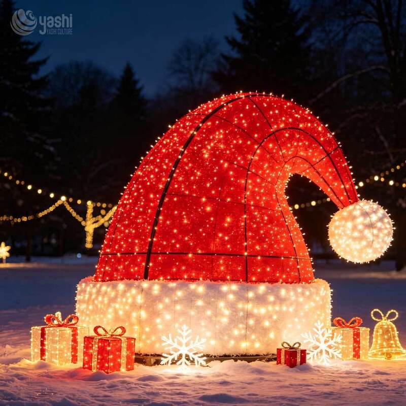 Custom LED Wireframe Santa Hat & Santa Claus Light Sculpture, Outdoor Giant Christmas Light Display with Gift Boxes for Plaza Light Festival, Support Customization