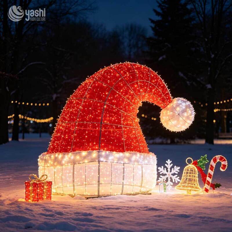 Custom LED Wireframe Santa Hat & Santa Claus Light Sculpture Set, Outdoor Giant Christmas Scene Light Display with Gift Boxes for Plaza Light Festival, Support Customization