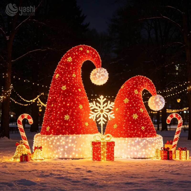Custom LED Wireframe Santa Hat & Santa Claus Light Sculpture, Outdoor Giant Christmas Light Display with Gift Boxes for Plaza Light Festival, Support Customization