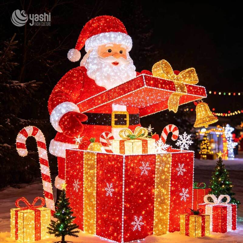 Custom LED Wireframe Santa Hat Light Sculpture Set, Giant Double Santa Hat Christmas Light Display with Gift Boxes & Snowflake for Outdoor Light Festival, Support Customization