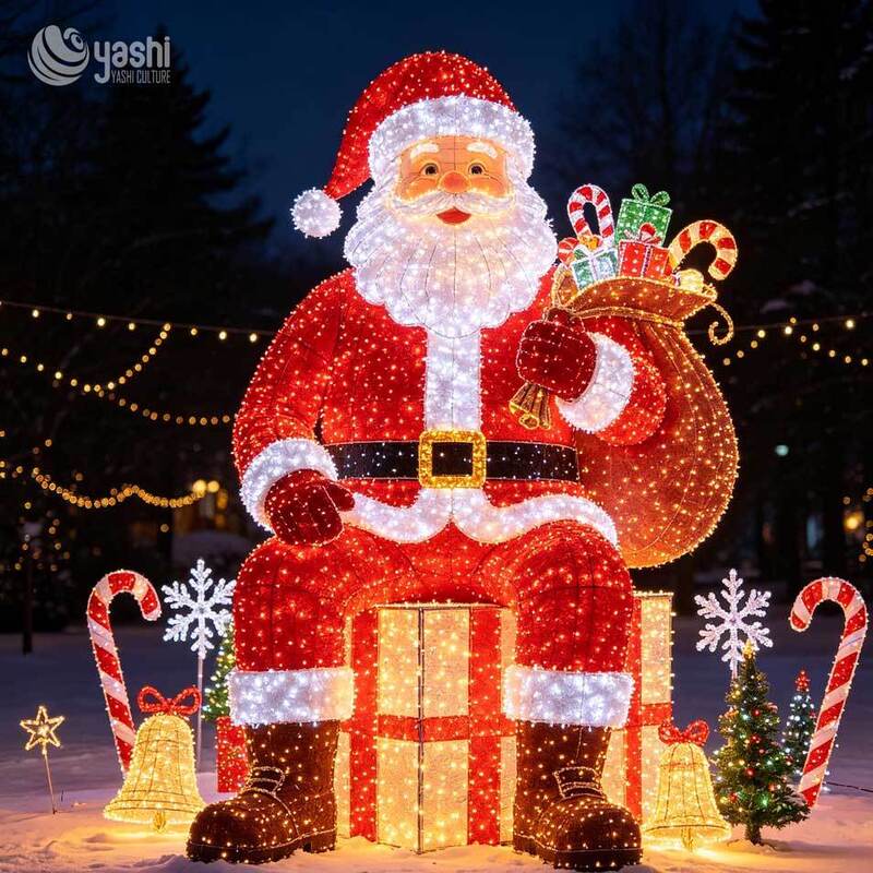 Custom LED Wireframe Sitting Santa Claus Light Sculpture, Giant Santa With Gift Bag Outdoor Christmas Light Display for Shopping Mall Light Festival, Support Customization