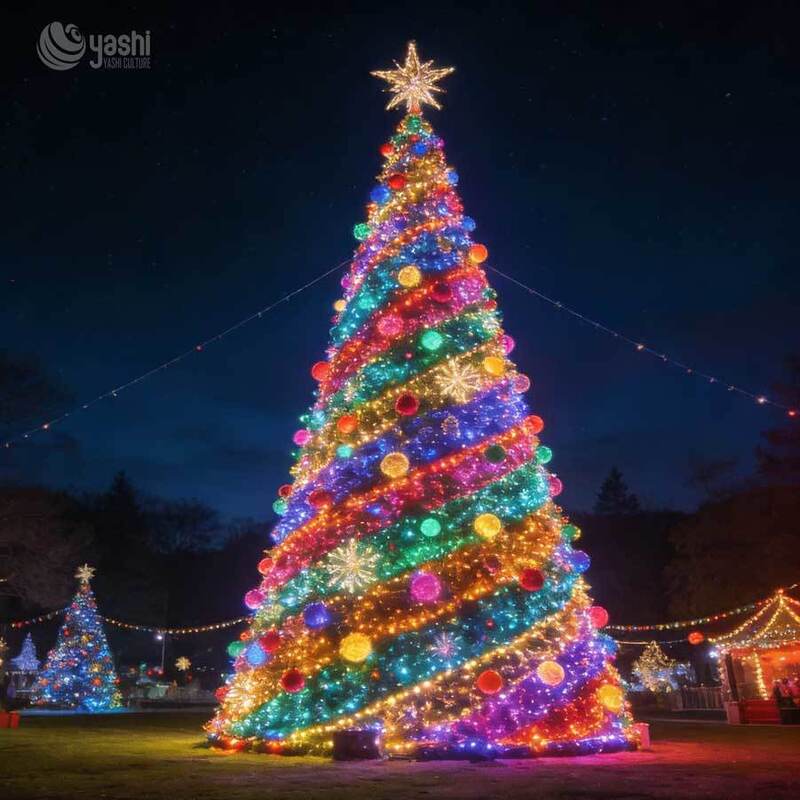 Custom LED Giant Outdoor Christmas Tree Light Sculpture, Large Pre-lit Xmas Tree With Star, Baubles & Gift Box Scene Decor for Plaza, Shopping Mall Light Festival, Support Customization