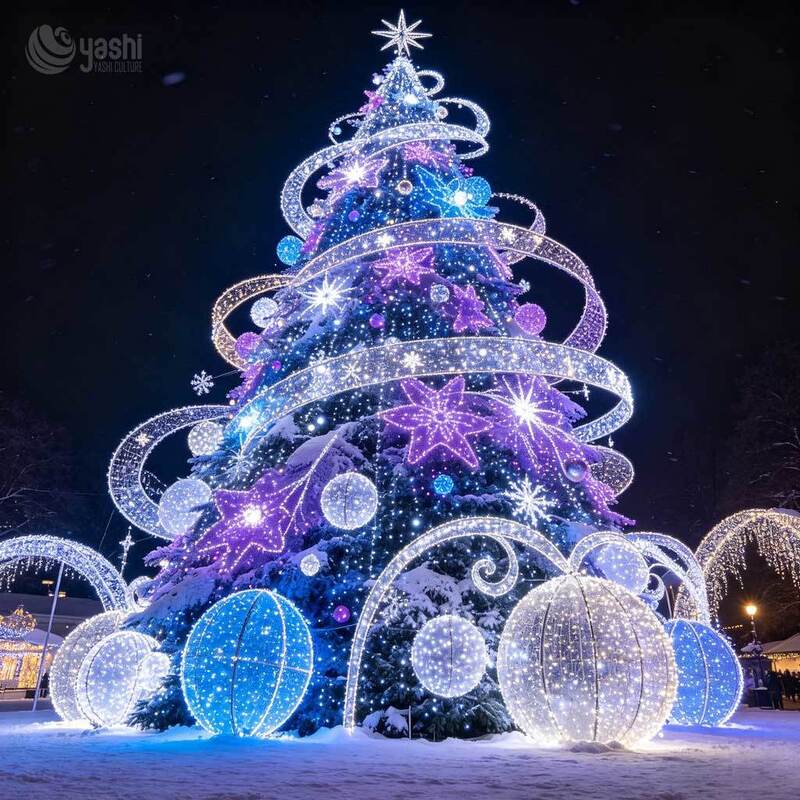 Custom LED Giant Christmas Tree Light Sculpture Set, Outdoor Xmas Scene Lights with Santa Sleigh, Reindeer & Snowman for Festival Light Show, Support Customization