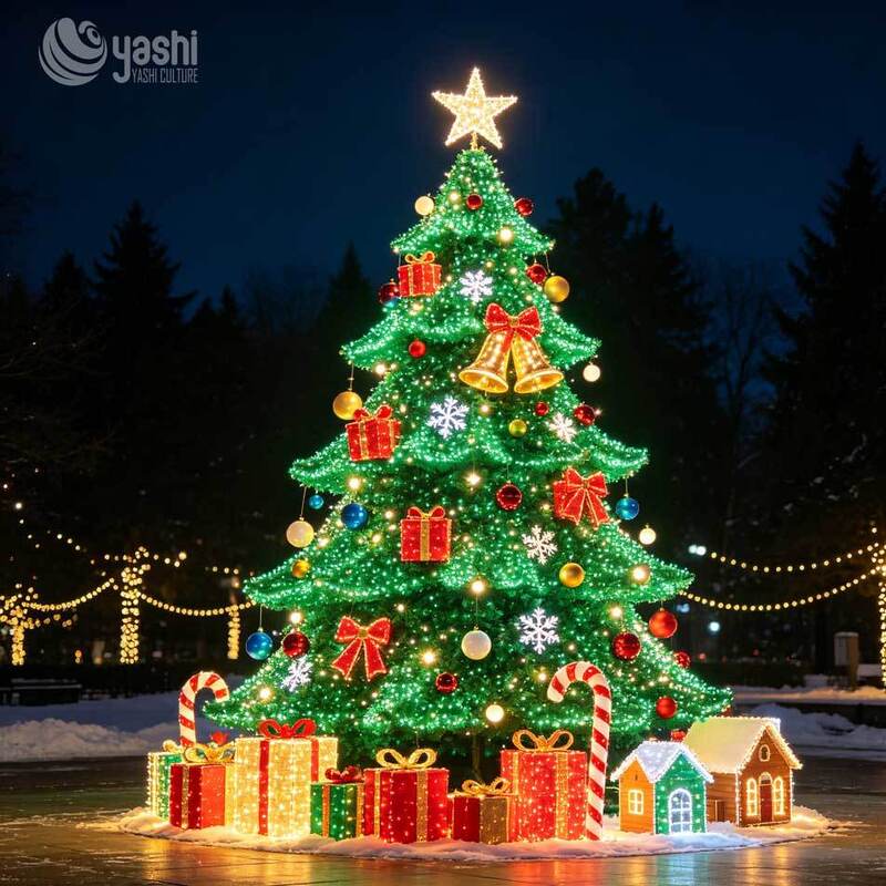 Custom LED Giant Christmas Tree Light Sculpture Set, Outdoor Xmas Scene Lights with Santa Sleigh, Reindeer & Snowman for Festival Light Show, Support Customization