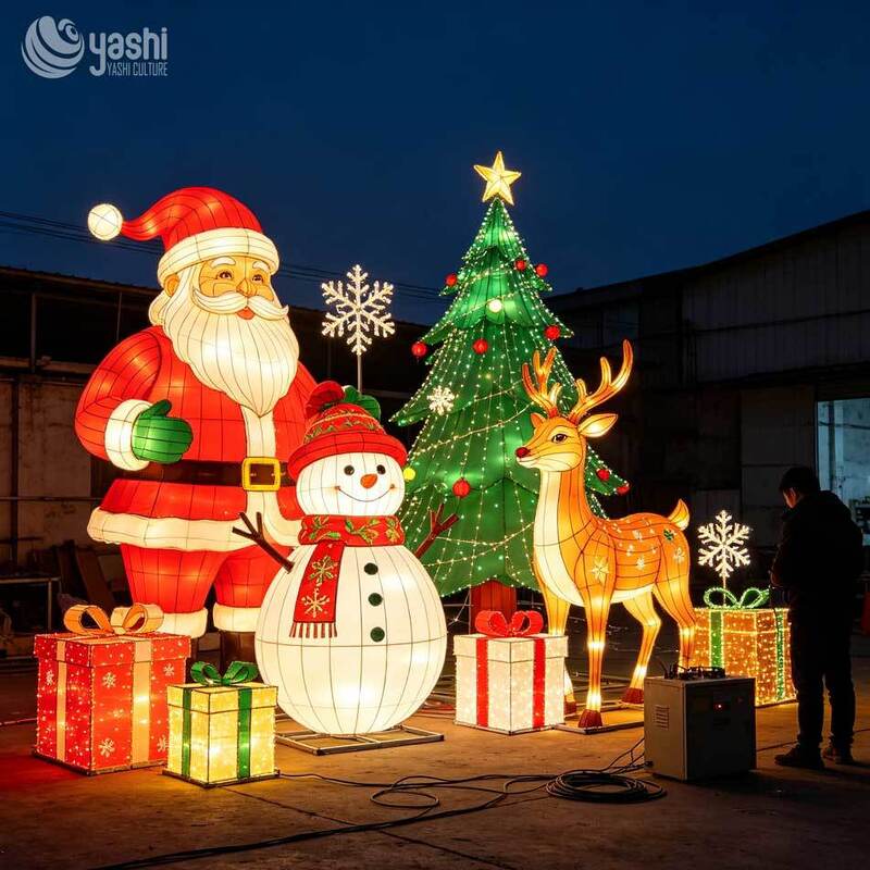Large Santa Snowman Christmas Tree Reindeer Gift Box Festival Lantern Set For Outdoor Theme Park Zoo Botanical Garden Holiday Decoration