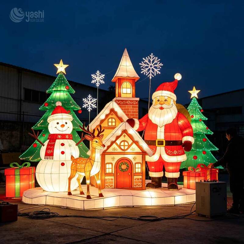 Large Santa Snowman Christmas Tree Reindeer Gift Box Festival Lantern Set For Outdoor Theme Park Zoo Botanical Garden Holiday Decoration