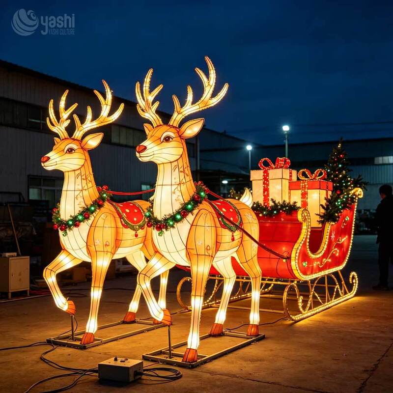 Large Christmas Scene Reindeer Festival Lantern Set With Gift Boxes For Outdoor Christmas Lighting In Theme Parks And Scenic Spots