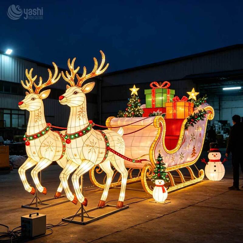 Large Christmas Scene Reindeer Festival Lantern Set With Gift Boxes For Outdoor Christmas Lighting In Theme Parks And Scenic Spots