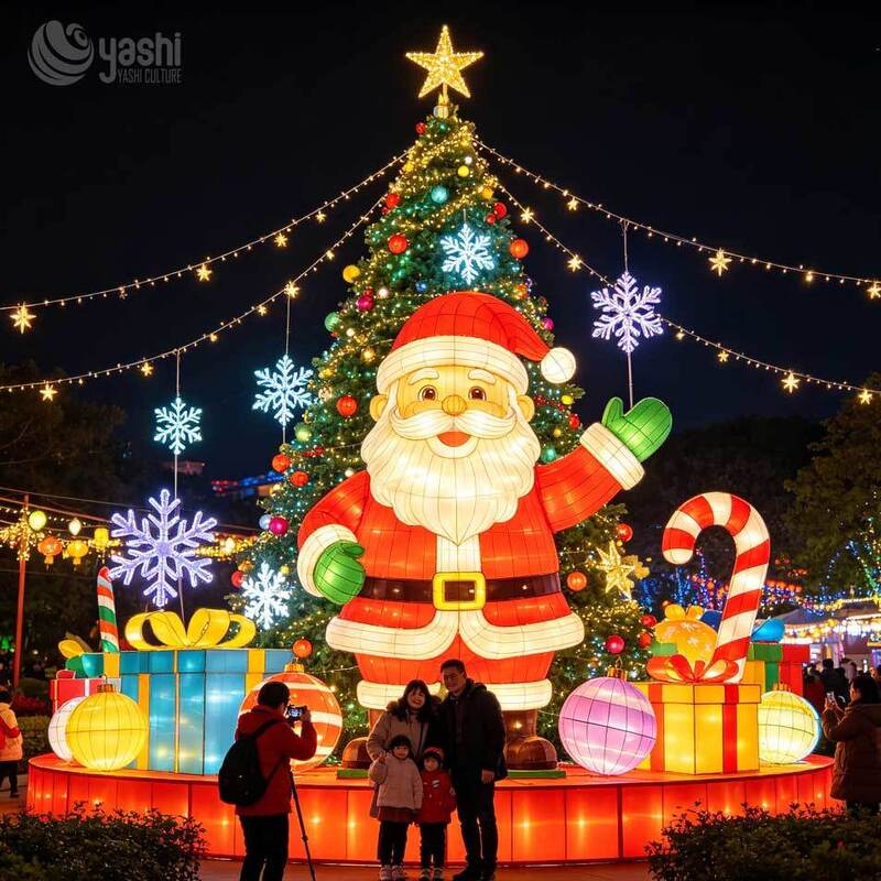 Custom Christmas Tree Santa and Reindeer Lantern Set, Outdoor LED Silk Light Sculpture for Theme Park Night Tour Christmas Decoration