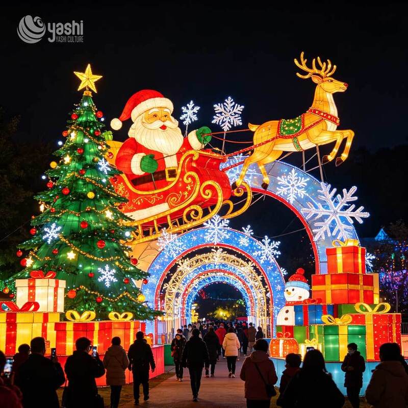 Custom Christmas Tree Santa and Reindeer Lantern Set, Outdoor LED Silk Light Sculpture for Theme Park Night Tour Christmas Decoration