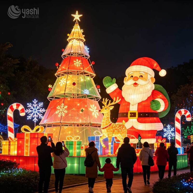 Giant Santa Claus Christmas Lantern Set, Outdoor LED Silk Light Sculpture for Theme Park Night Tour & Holiday Party Christmas Decoration