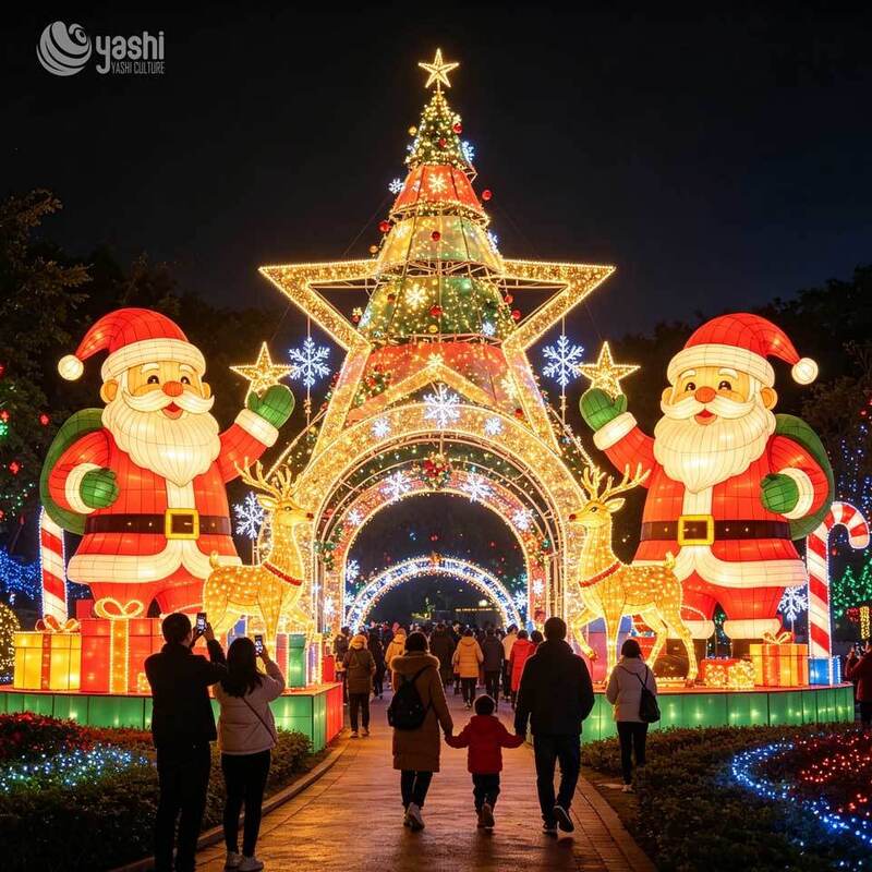 Giant Santa Claus Christmas Lantern Set, Outdoor LED Silk Light Sculpture for Theme Park Night Tour & Holiday Party Christmas Decoration