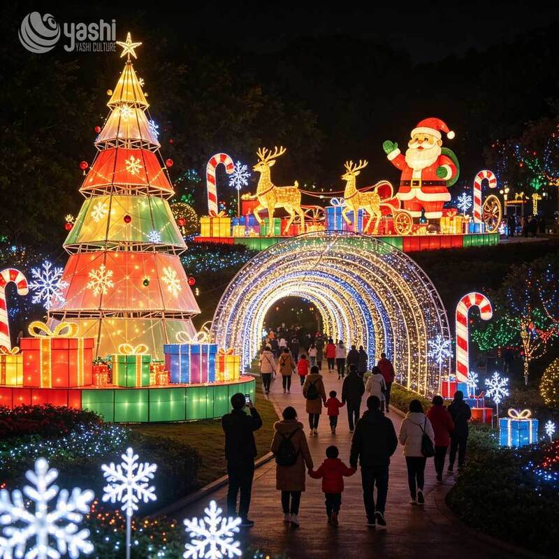 Custom Santa Sleigh Christmas Arch Lantern Set, Outdoor LED Silk Sculpture for Theme Park Night Tour Holiday Party Decoration