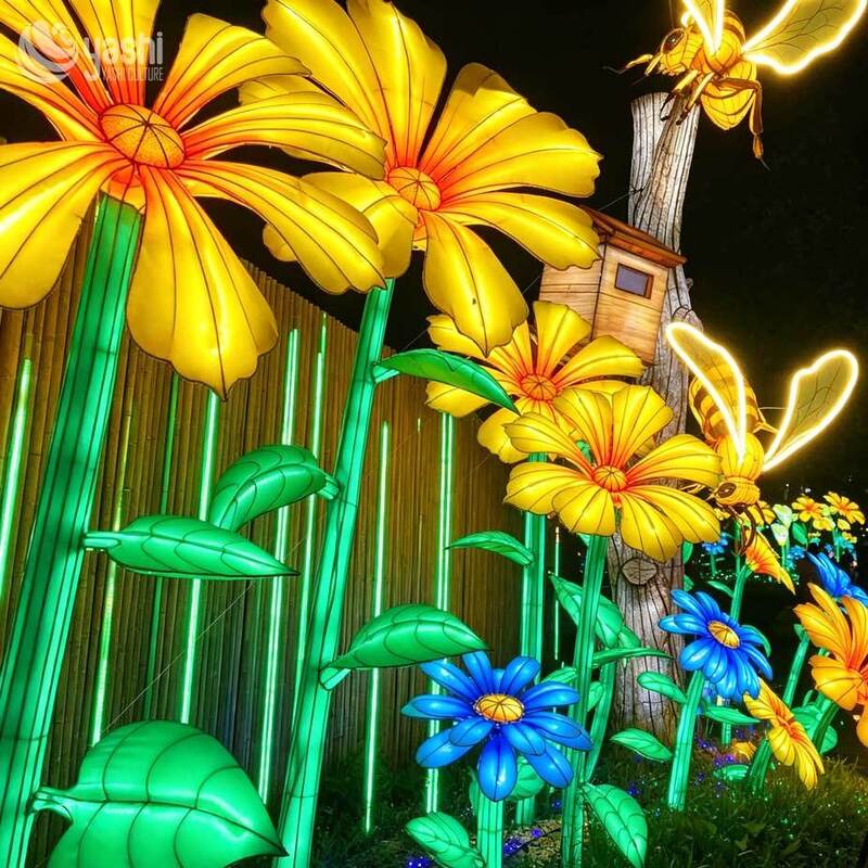 Giant Bee and Flower Festival Silk Lantern Outdoor LED Light Sculpture for Theme Park Night Tour Garden Decoration