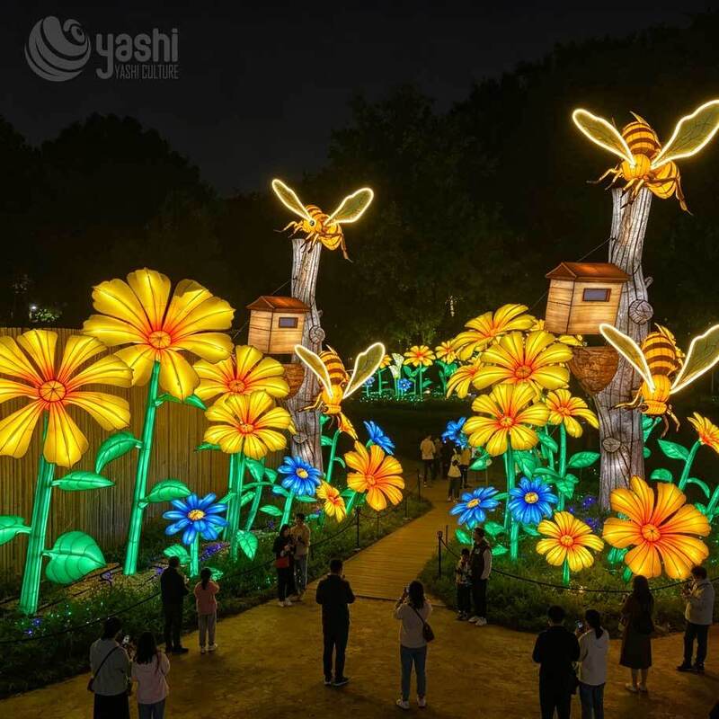 Giant Bee and Flower Festival Silk Lantern Outdoor LED Light Sculpture for Theme Park Night Tour Garden Decoration
