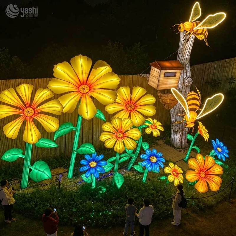 Giant Bee and Flower Festival Silk Lantern Outdoor LED Light Sculpture for Theme Park Night Tour Garden Decoration