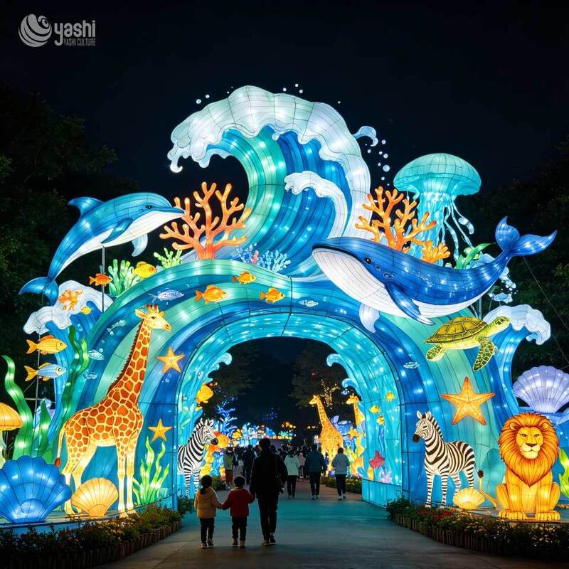 Turnkey Immersive Festival Light Installation, Custom Ocean Themed Pattern Lanterns for Amusement Park and Zoo Holiday Decor