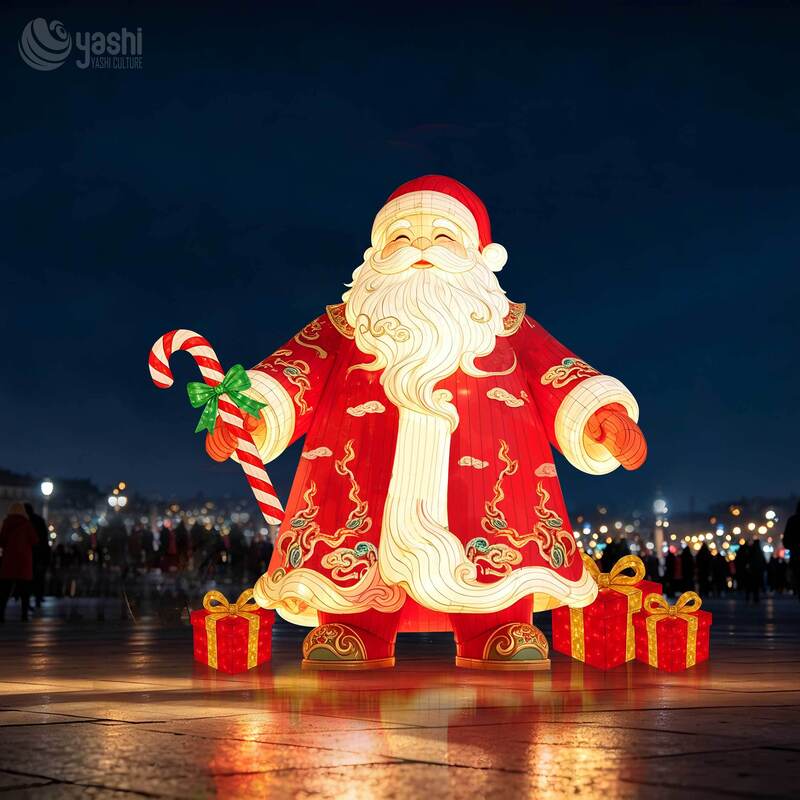 Custom Giant Outdoor Santa Claus Head Festival Lantern With Christmas Tree Gift Box for Theme Park Night Tour & Holiday Party Decoration