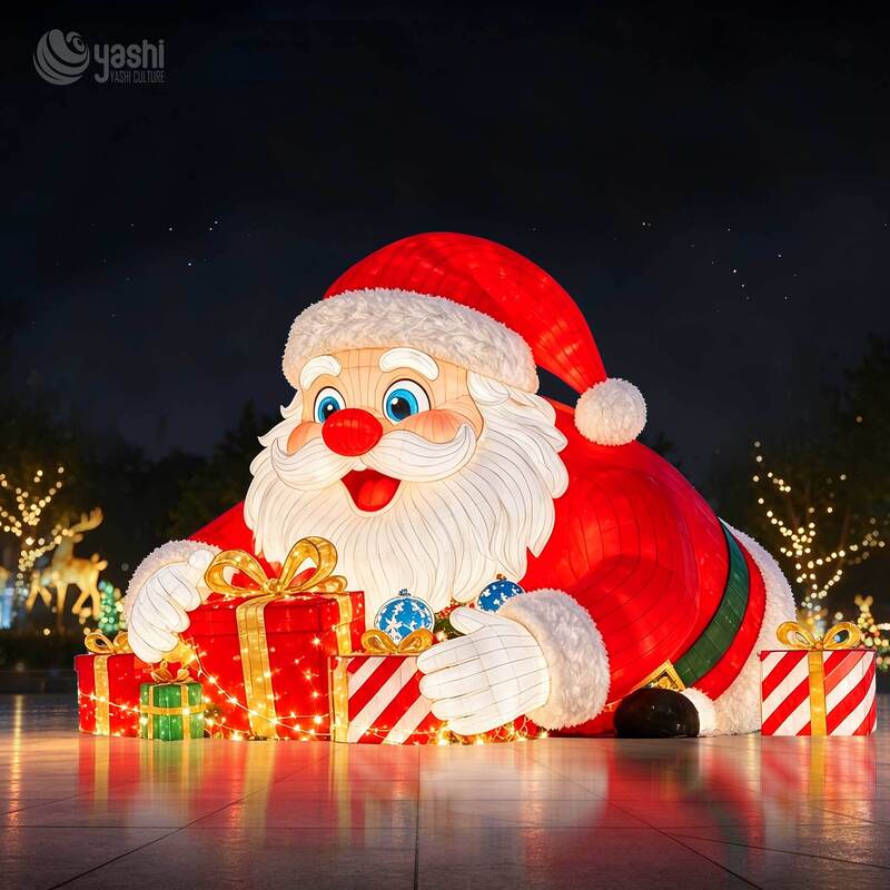 Custom Giant Outdoor Santa Claus Head Festival Lantern With Christmas Tree Gift Box for Theme Park Night Tour & Holiday Party Decoration