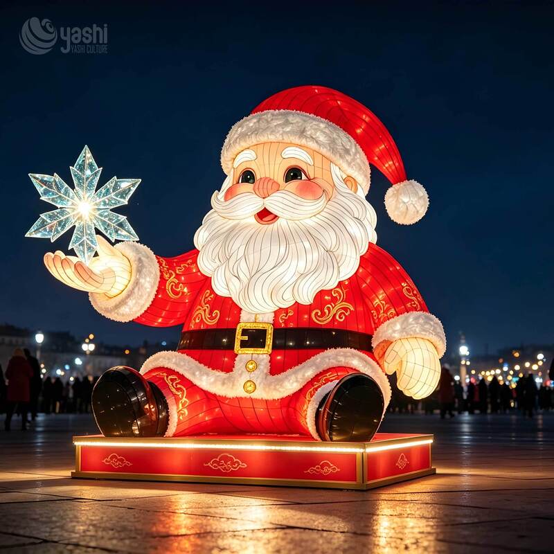 Custom Outdoor Sitting Santa Claus Festival Lantern With Cute Reindeer Snowflake Gift Box LED Christmas Light Installation