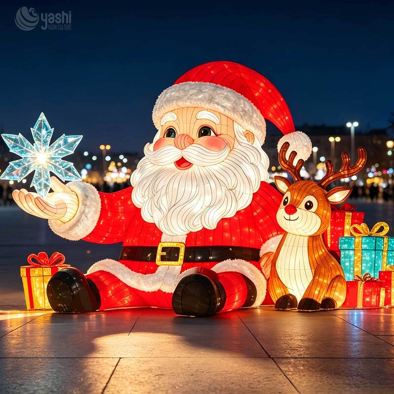 Custom Outdoor Sitting Santa Claus Festival Lantern With Cute Reindeer Snowflake Gift Box LED Christmas Light Installation