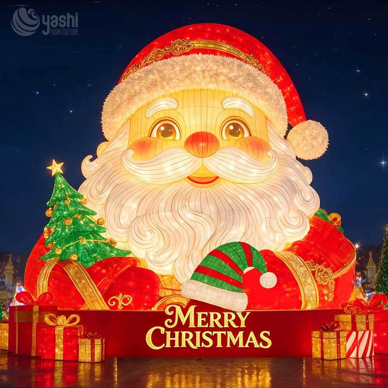 Custom Outdoor Sitting Santa Claus Festival Lantern With Cute Reindeer Snowflake Gift Box LED Christmas Light Installation