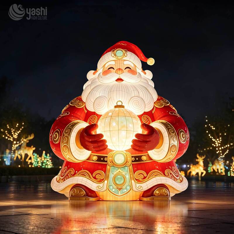 Custom Outdoor Sitting Santa Claus Festival Lantern With Cute Reindeer Snowflake Gift Box LED Christmas Light Installation