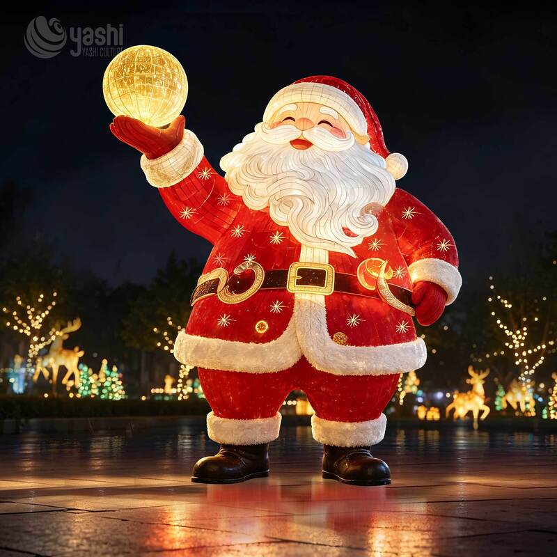 Custom Outdoor Sitting Santa Claus Festival Lantern With Cute Reindeer Snowflake Gift Box LED Christmas Light Installation