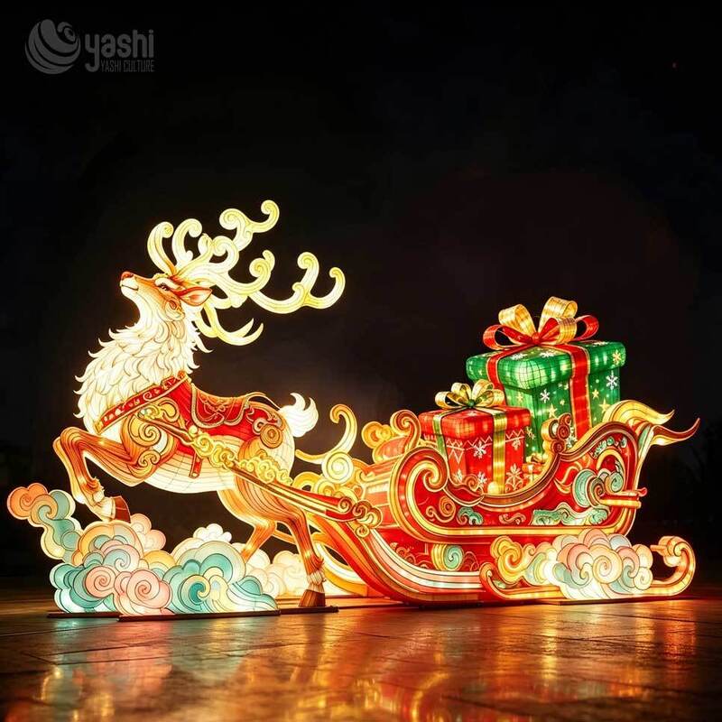 Custom Large Outdoor Reindeer Sleigh Festival Lantern with Christmas Tree Gift Box LED Holiday Light Decoration
