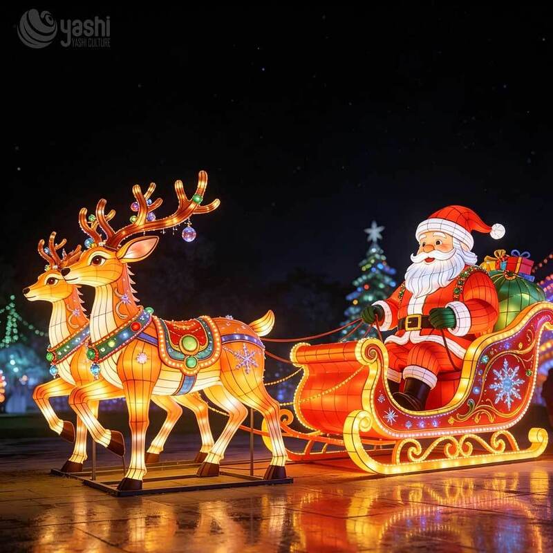 Custom Large Outdoor Santa Sleigh Reindeer Festival Lantern Set With Christmas Tree Arch LED Holiday Light Installation