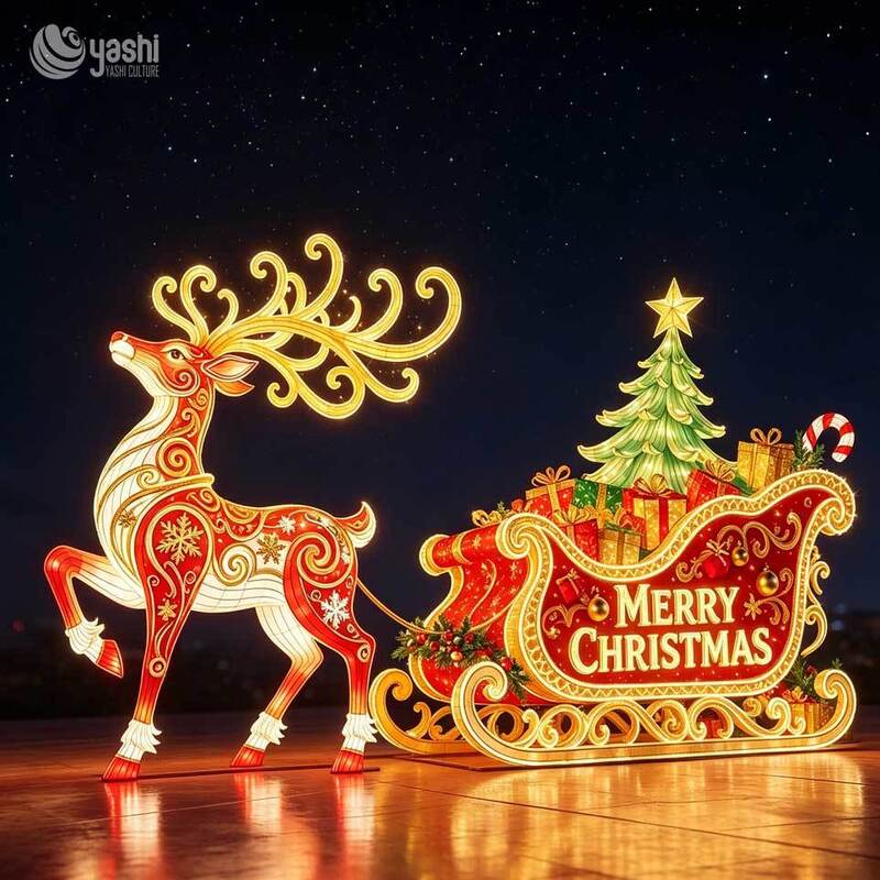 Custom Large Outdoor Santa Claus Sleigh Reindeer Festival Lantern LED Christmas Light Decoration