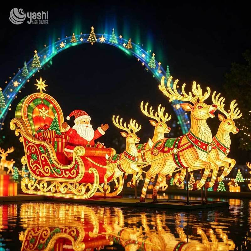 Custom Large Outdoor Santa Claus Sleigh Reindeer Festival Lantern LED Christmas Light Decoration