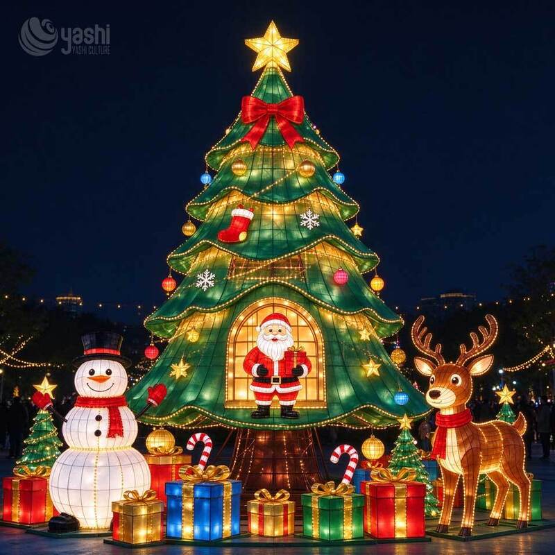Custom Waterproof Santa Sleigh Reindeer Light Sculpture, Giant Christmas Lantern Set with Christmas Tree Snowman for Park Mall Holiday Display