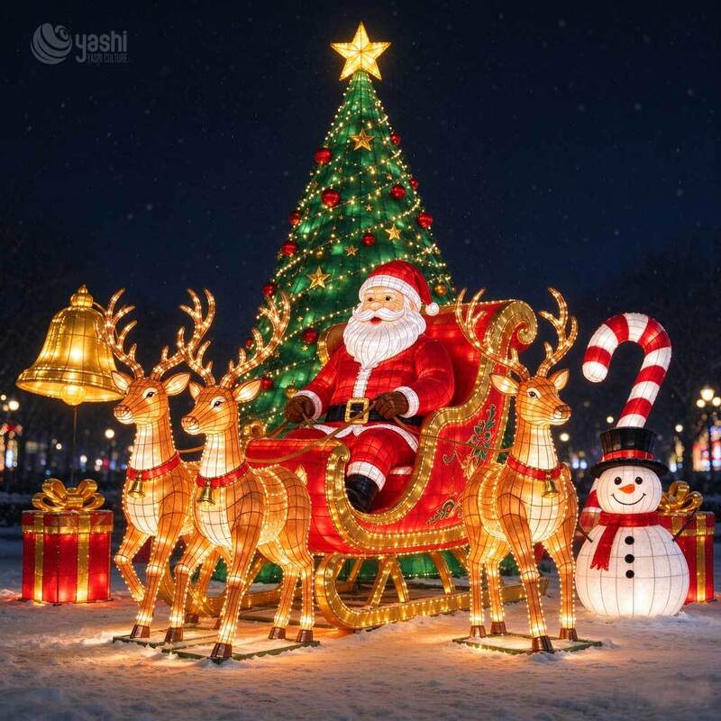 Custom Waterproof Santa Sleigh Reindeer Light Sculpture, Giant Christmas Lantern Set with Christmas Tree Snowman for Park Mall Holiday Display