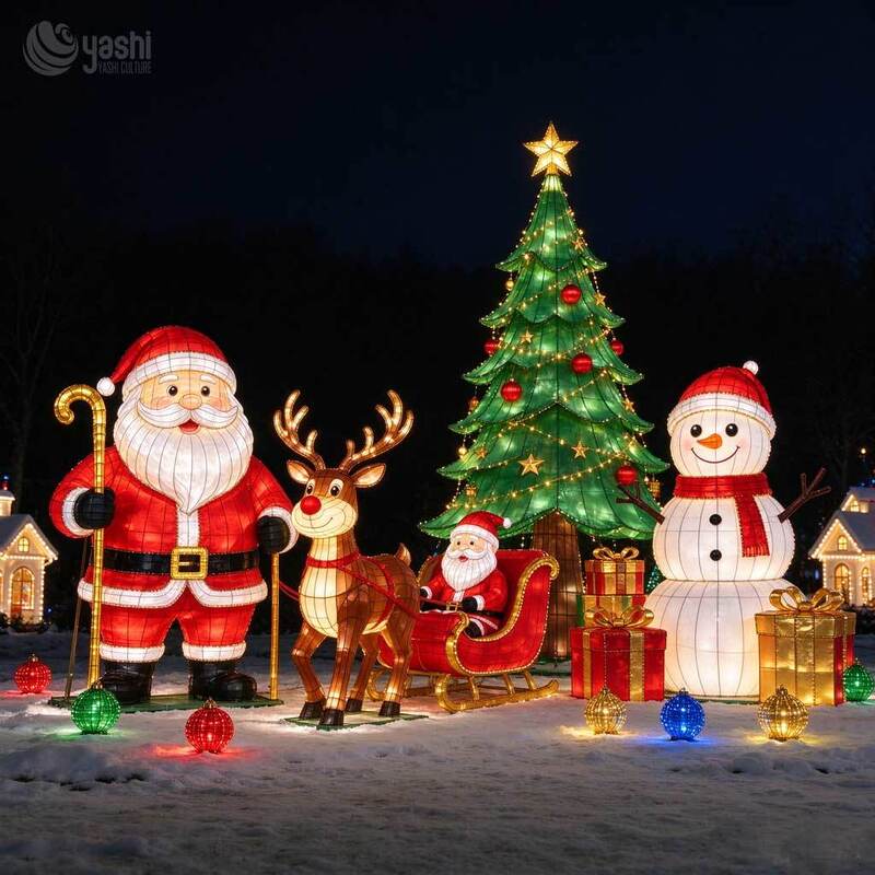 Custom Waterproof Holiday Light Sculpture, Santa Sleigh and Reindeer with Christmas Tree for Park Mall Holiday Decoration