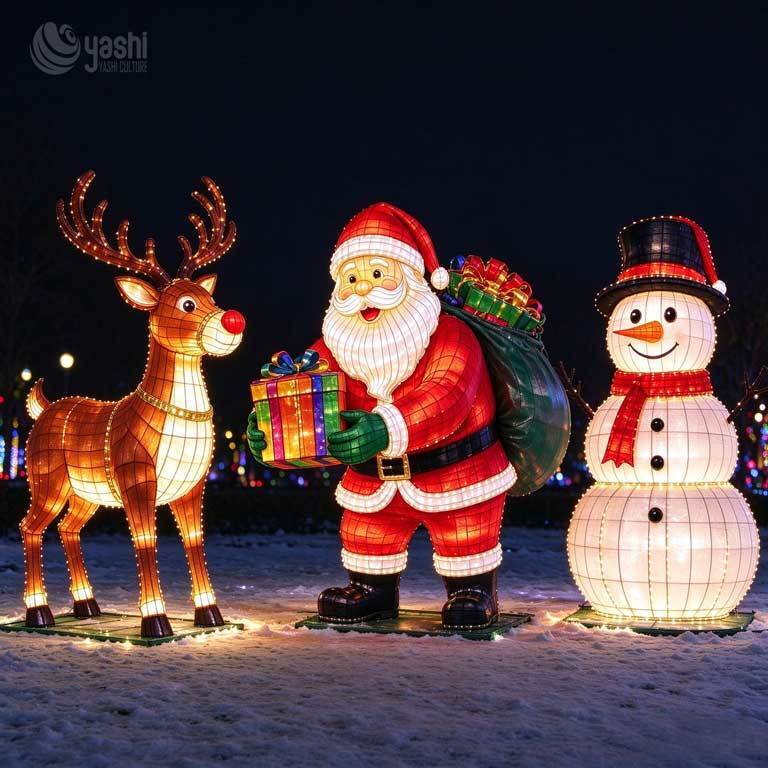 Custom Waterproof Holiday Light Sculpture, Santa Sleigh and Reindeer with Christmas Tree for Park Mall Holiday Decoration