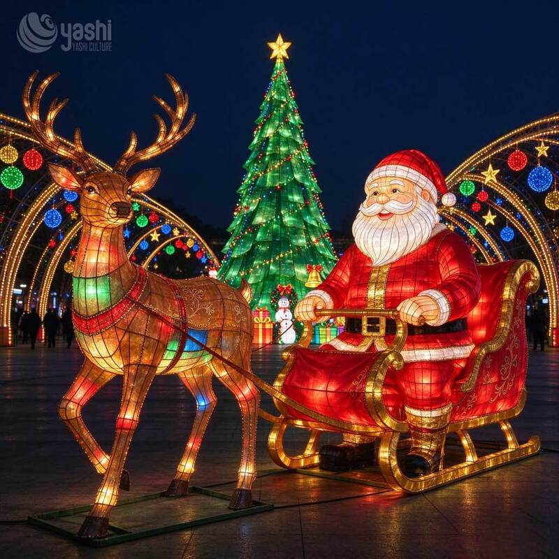 Custom Waterproof Holiday Light Sculpture, Santa Sleigh and Reindeer with Christmas Tree for Park Mall Holiday Decoration