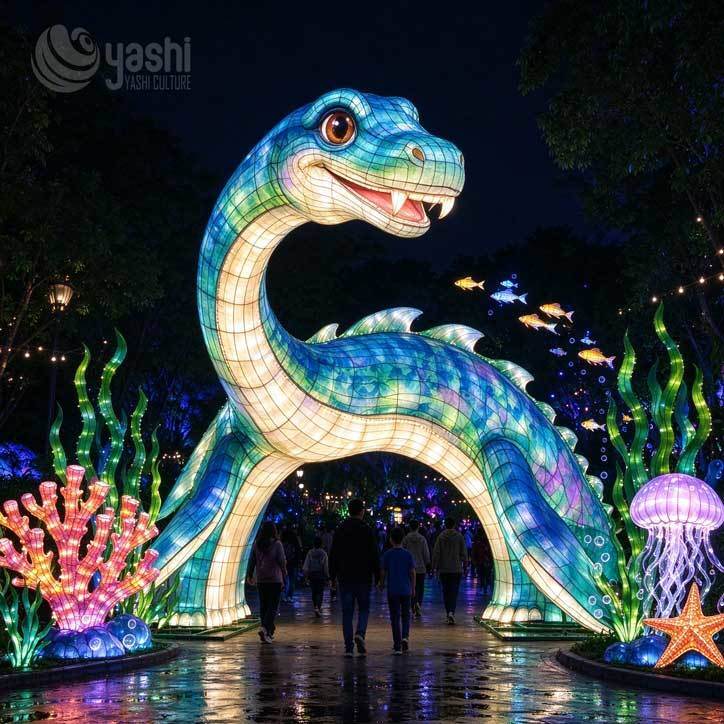 Yashi Culture giant crocodile lantern arch, handmade outdoor LED festival light sculpture for zoo entrance decoration