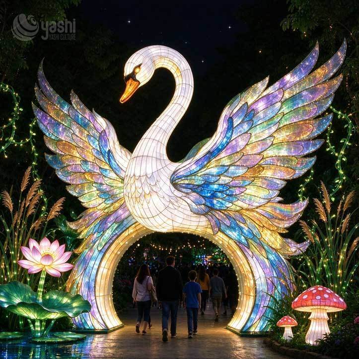 Custom LED Swan Lantern Arch, Outdoor Festival Light Sculpture for Theme Park and Zoo Entrance Decoration