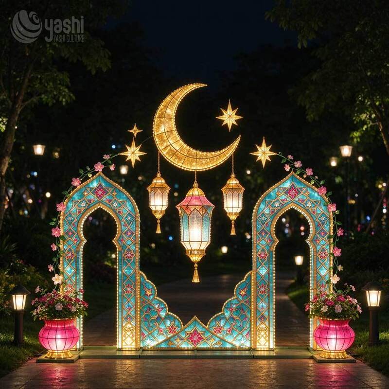 Custom Ramadan Eid Crescent Star Lantern Arch, Outdoor Islamic Festival Decoration