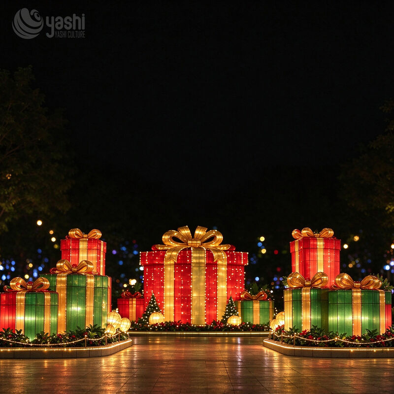 Custom Christmas Gift Box Festival Lantern Set, Large LED Present Light Sculpture, Outdoor Waterproof Holiday Display for Mall and Plaza