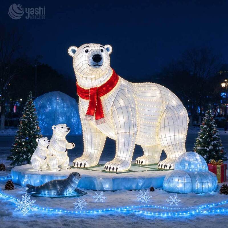 Custom Polar Bear Family Festival Lantern Set, Waterproof LED Arctic Animal Light Sculpture for Zoo and Theme Park Night Exhibition
