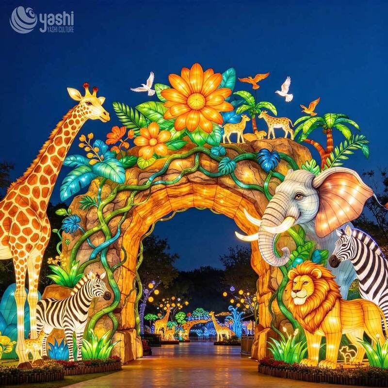 Arctic Ice Mountain Arch Lantern, Custom LED Penguin Polar Bear Light Sculpture for Winter Theme Park Night Festival Entrance