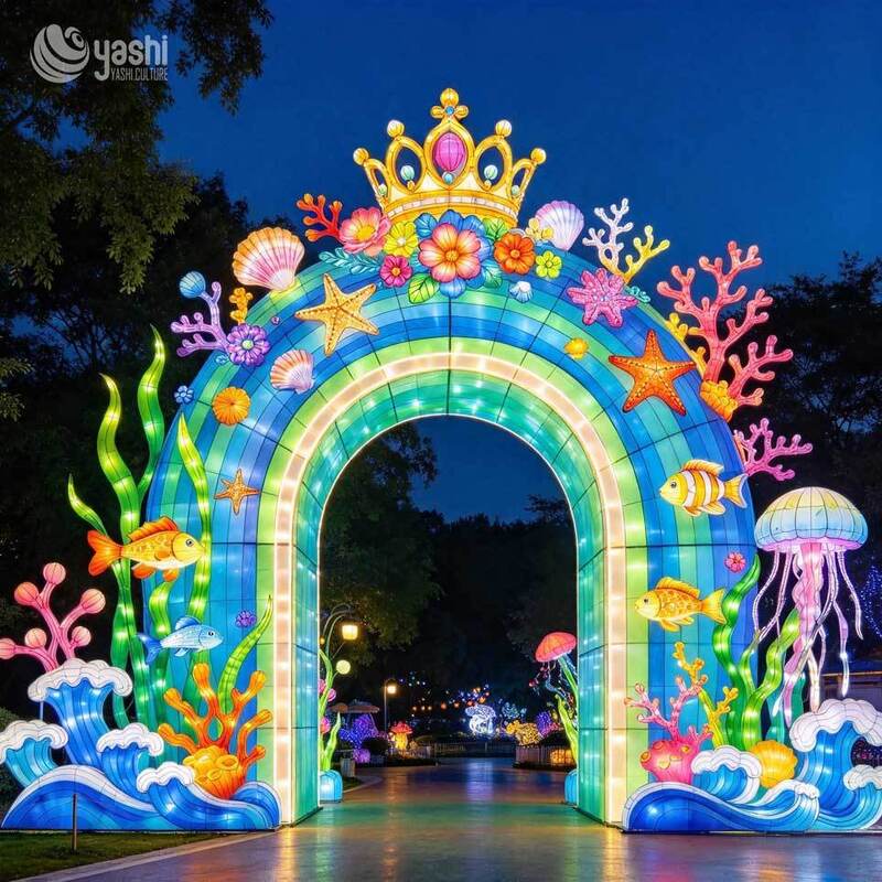 Arctic Ice Mountain Arch Lantern, Custom LED Penguin Polar Bear Light Sculpture for Winter Theme Park Night Festival Entrance