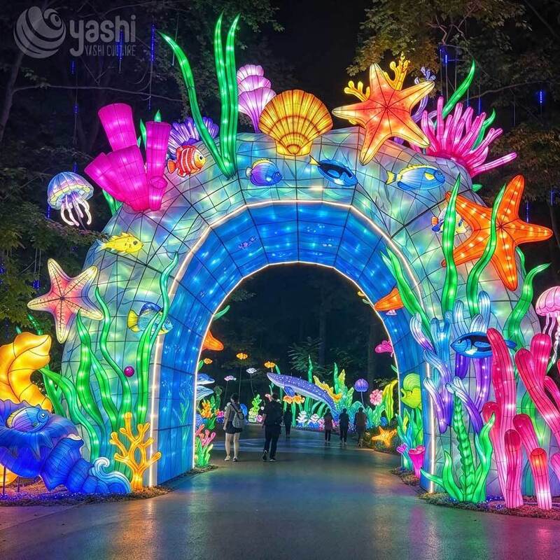 Ocean Wave Arch Festival Lantern, Custom LED Dolphin Jellyfish Coral Light Sculpture for Theme Park Night Show Entrance