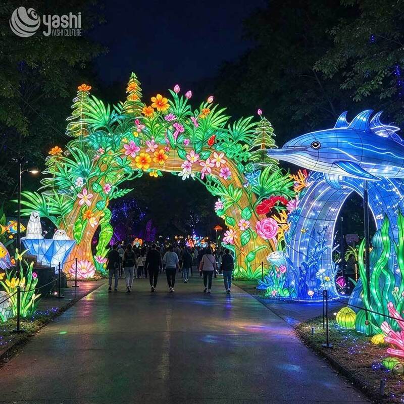 Underwater Coral Reef Arch Festival Lantern, Custom LED Starfish Jellyfish Tropical Fish Light Sculpture for Theme Park Night Entrance